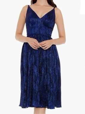 Dress the Population Metallic Navy V-Neck Midi Dress